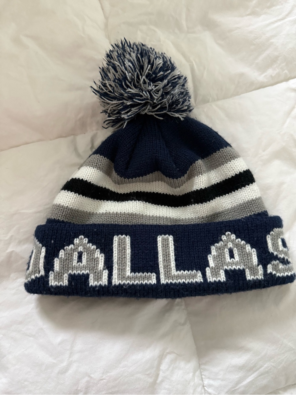 Dallas Navy Pom-Pom Knit Beanie with Stripes